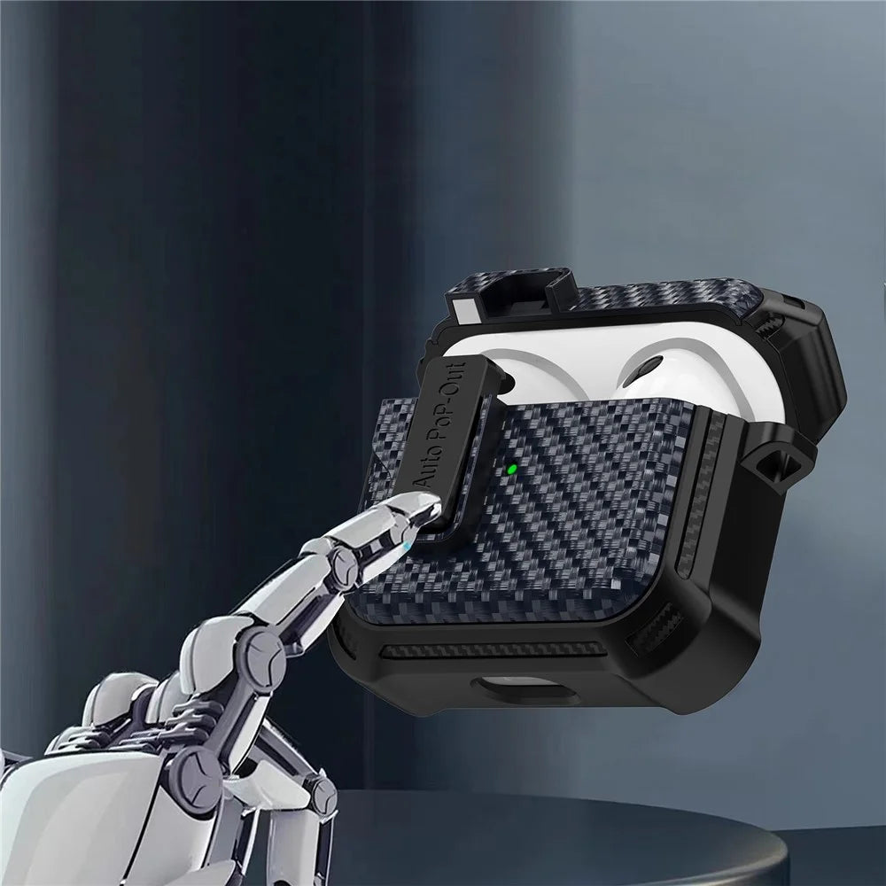 For Apple AirPods 3 Pressing Buckle TPU+PC Protective Case Carbon Fiber Texture Bluetooth-compatible Earphone Cover - Sapphire - 7