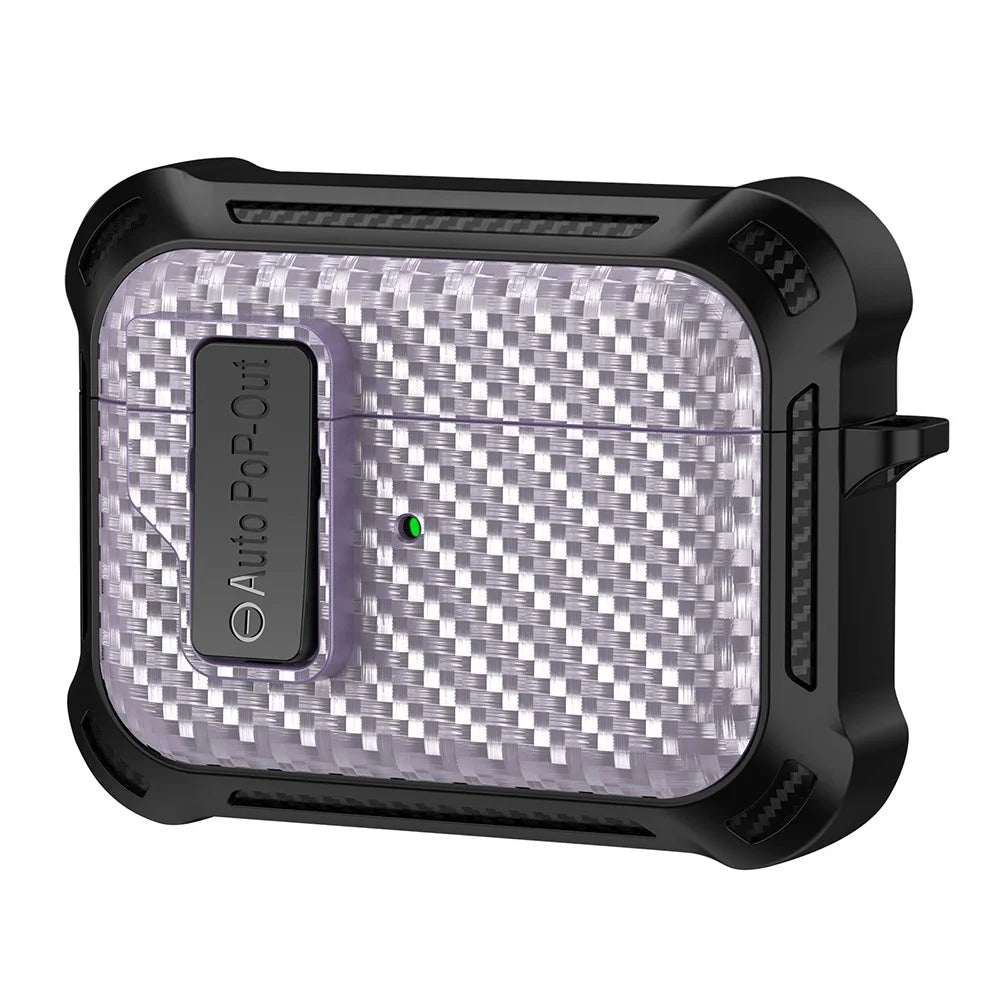 For Apple AirPods Pro Carbon Fiber Texture TPU+PC Anti-drop Cover Pressing Buckle Earphone Case - Purple - 1