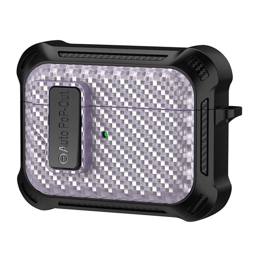 For Apple AirPods Pro Carbon Fiber Texture TPU+PC Anti-drop Cover Pressing Buckle Earphone Case - Purple - 1