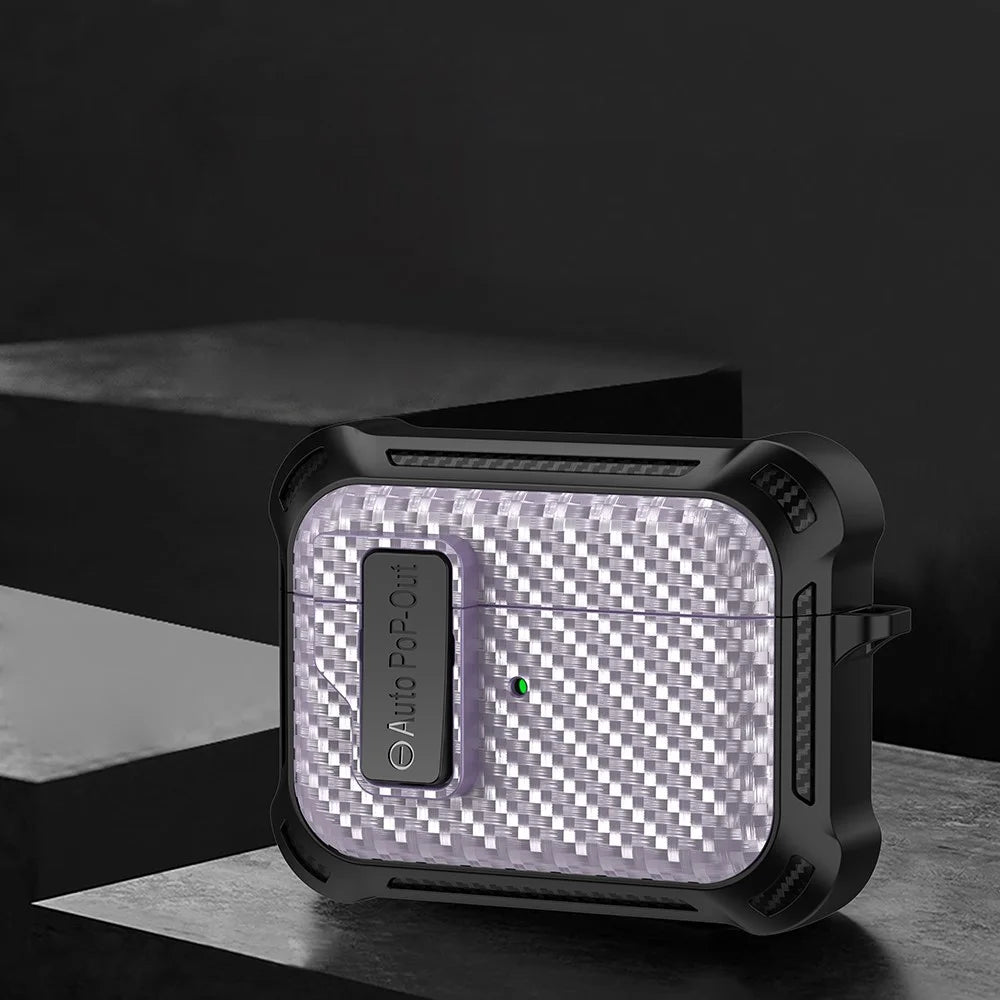 For Apple AirPods Pro Carbon Fiber Texture TPU+PC Anti-drop Cover Pressing Buckle Earphone Case - Purple - 2