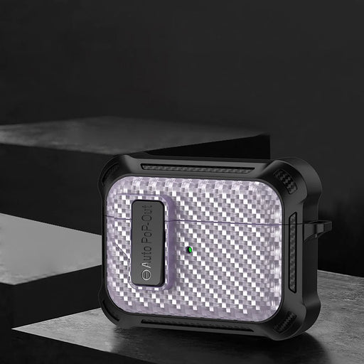For Apple AirPods Pro Carbon Fiber Texture TPU+PC Anti-drop Cover Pressing Buckle Earphone Case - Purple - 2