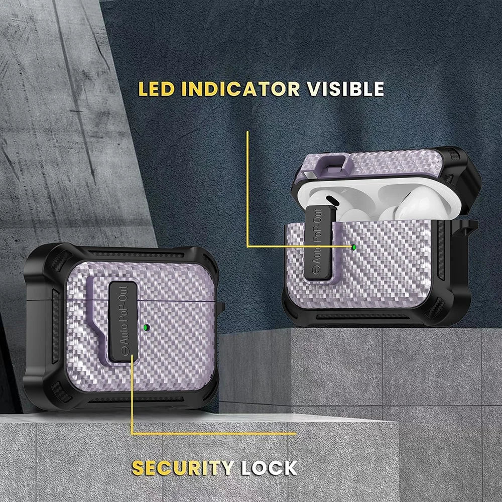 For Apple AirPods Pro Carbon Fiber Texture TPU+PC Anti-drop Cover Pressing Buckle Earphone Case - Purple - 3