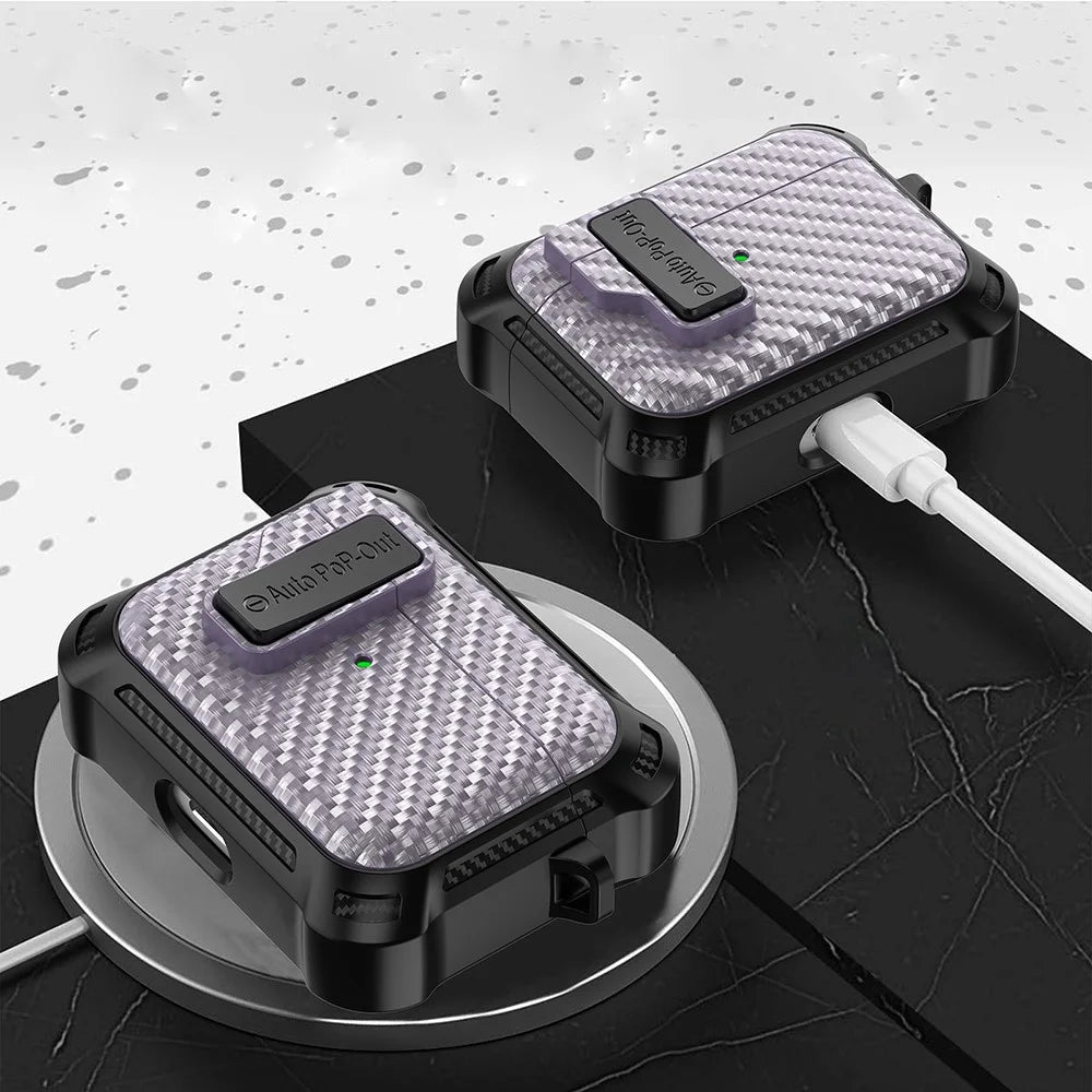 For Apple AirPods Pro Carbon Fiber Texture TPU+PC Anti-drop Cover Pressing Buckle Earphone Case - Purple - 4