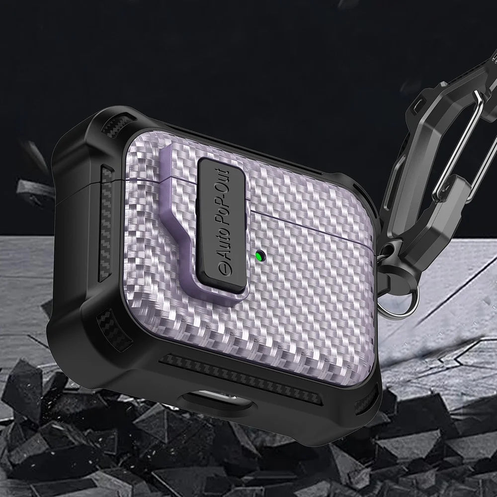 For Apple AirPods Pro Carbon Fiber Texture TPU+PC Anti-drop Cover Pressing Buckle Earphone Case - Purple - 5
