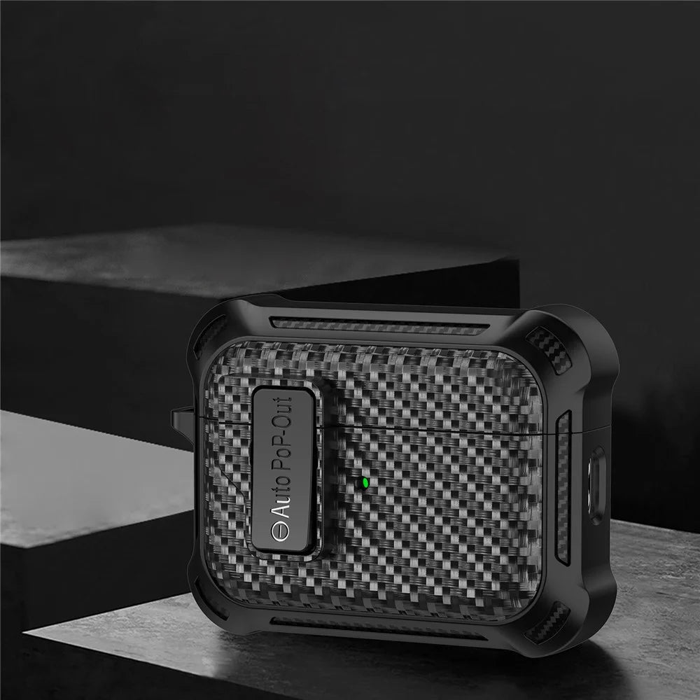 For AirPods Pro 2 Pressing Buckle Wireless Earphone Anti-drop Case Carbon Fiber Texture TPU+PC Cover - Black - 2