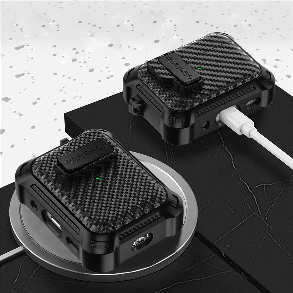 For AirPods Pro 2 Pressing Buckle Wireless Earphone Anti-drop Case Carbon Fiber Texture TPU+PC Cover - Black - 4