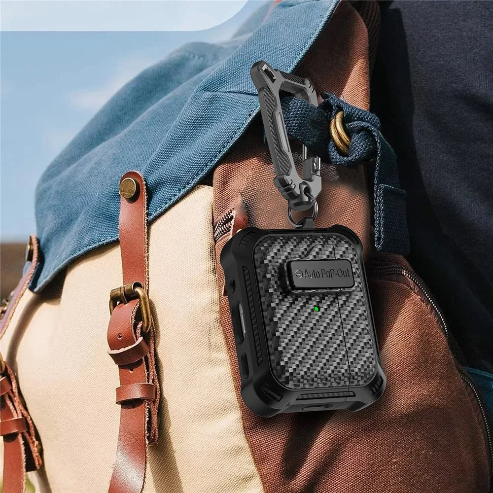 For AirPods Pro 2 Pressing Buckle Wireless Earphone Anti-drop Case Carbon Fiber Texture TPU+PC Cover - Black - 6
