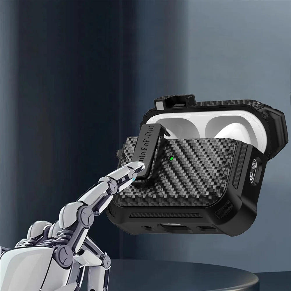 For AirPods Pro 2 Pressing Buckle Wireless Earphone Anti-drop Case Carbon Fiber Texture TPU+PC Cover - Black - 7