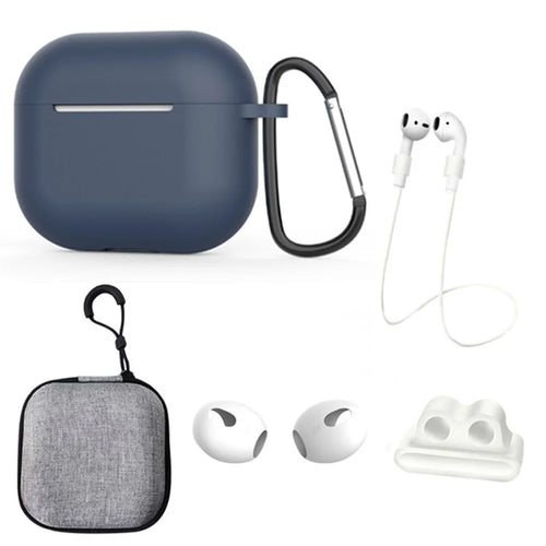 For Apple AirPods 3 6-in-1 Silicone Case Anti-lost Lanyard Watch Band Holder Ear Hanger Ear Cap Storage Box - Midnight Blue - 1