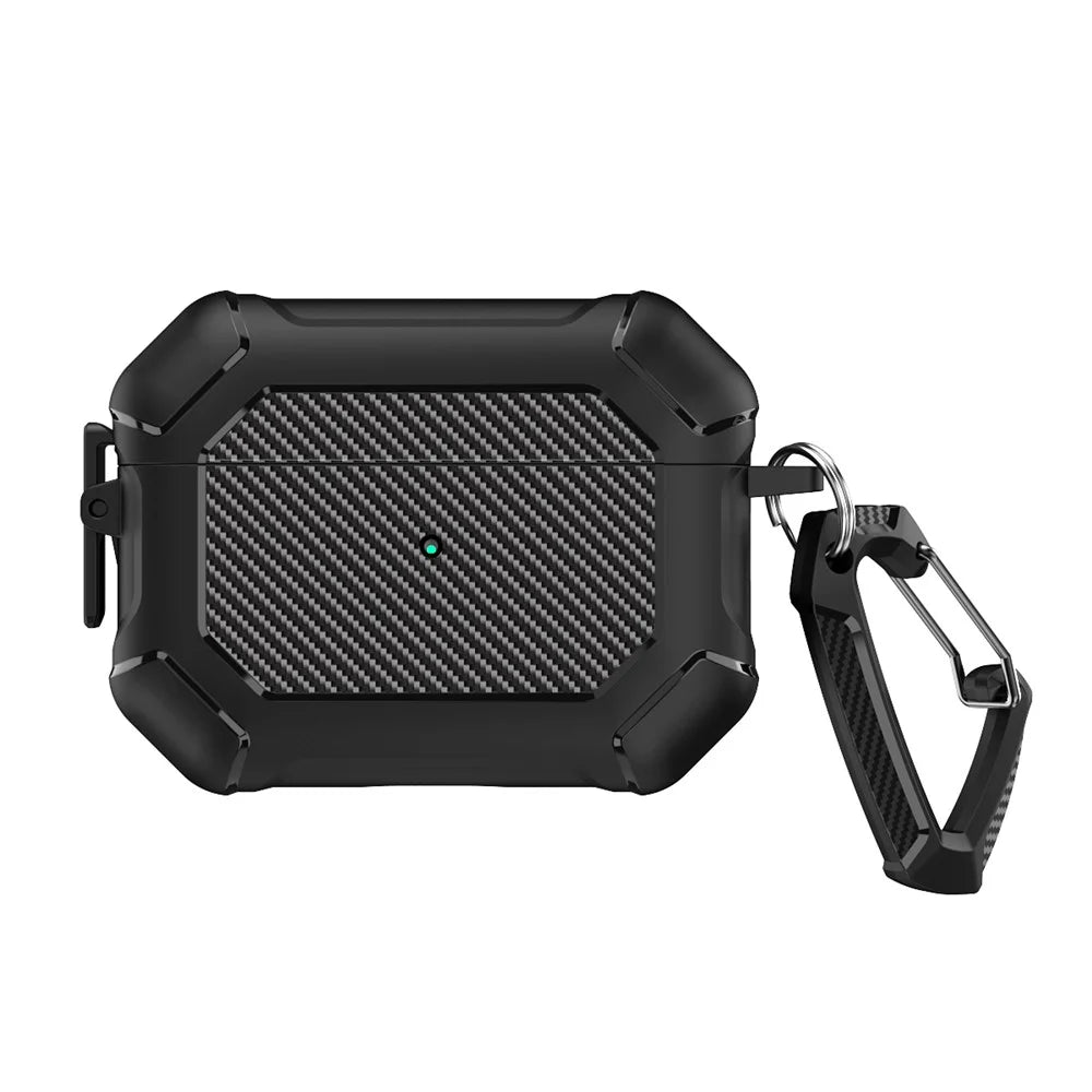 For AirPods Pro 2 TPU+PC Earphone Case Carbon Fiber Texture Reinforced Protective Cover with Carabiner - Black - 1