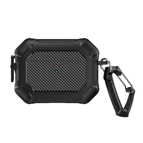 For AirPods Pro 2 TPU+PC Earphone Case Carbon Fiber Texture Reinforced Protective Cover with Carabiner - Black - 1