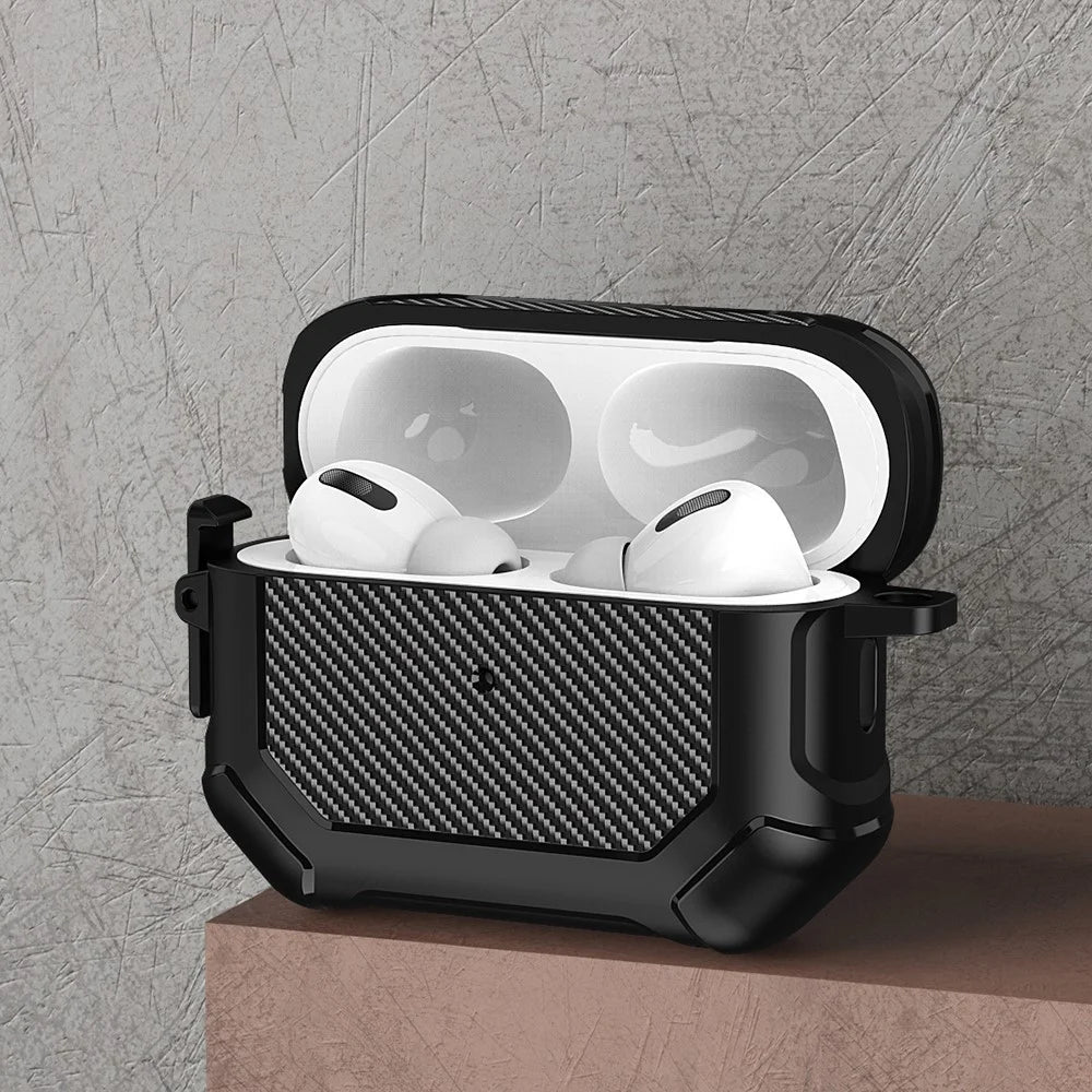 For AirPods Pro 2 TPU+PC Earphone Case Carbon Fiber Texture Reinforced Protective Cover with Carabiner - Black - 3