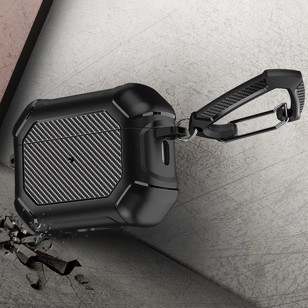 For AirPods Pro 2 TPU+PC Earphone Case Carbon Fiber Texture Reinforced Protective Cover with Carabiner - Black - 4