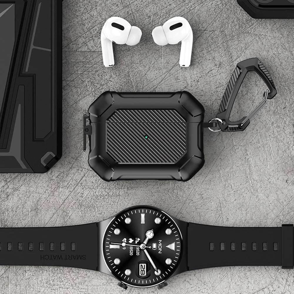 For AirPods Pro 2 TPU+PC Earphone Case Carbon Fiber Texture Reinforced Protective Cover with Carabiner - Black - 6