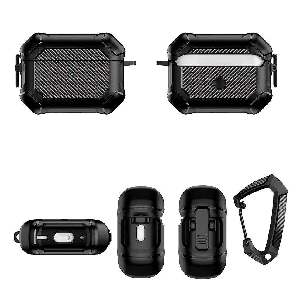 For AirPods Pro 2 TPU+PC Earphone Case Carbon Fiber Texture Reinforced Protective Cover with Carabiner - Black - 7