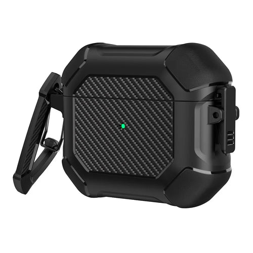 For AirPods 3 Earphone Protective Cover TPU+PC Carbon Fiber Texture Shockproof Case with Carabiner - Black - 1