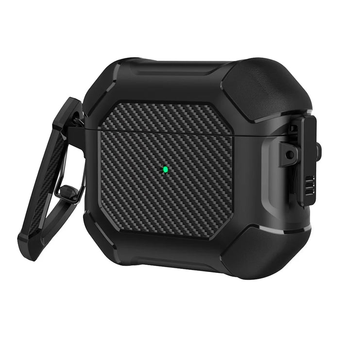 For AirPods 3 Earphone Protective Cover TPU+PC Carbon Fiber Texture Shockproof Case with Carabiner - Black - 1