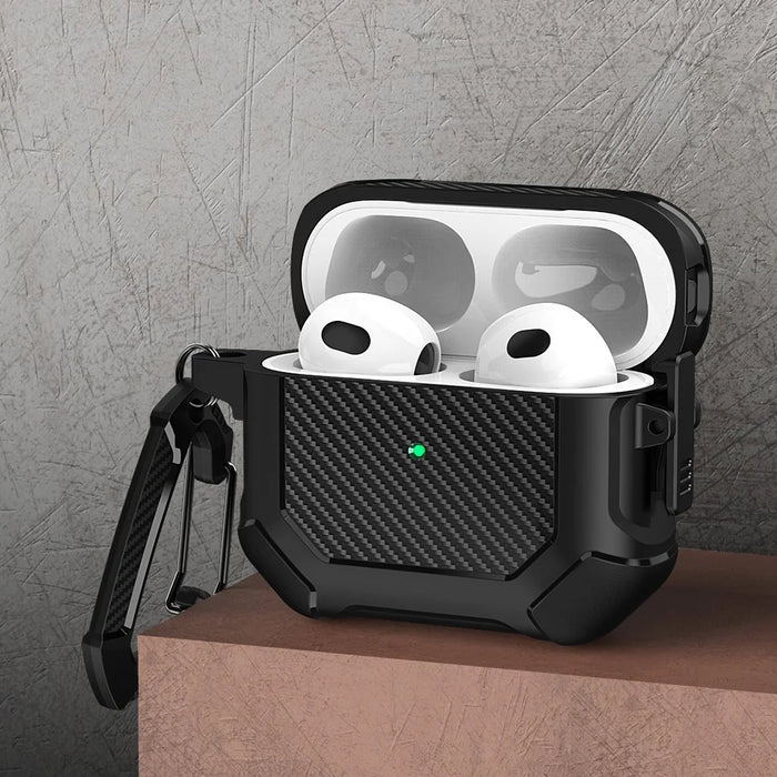 For AirPods 3 Earphone Protective Cover TPU+PC Carbon Fiber Texture Shockproof Case with Carabiner - Black - 2