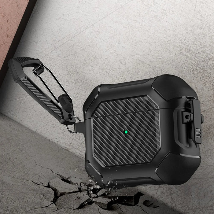For AirPods 3 Earphone Protective Cover TPU+PC Carbon Fiber Texture Shockproof Case with Carabiner - Black - 3