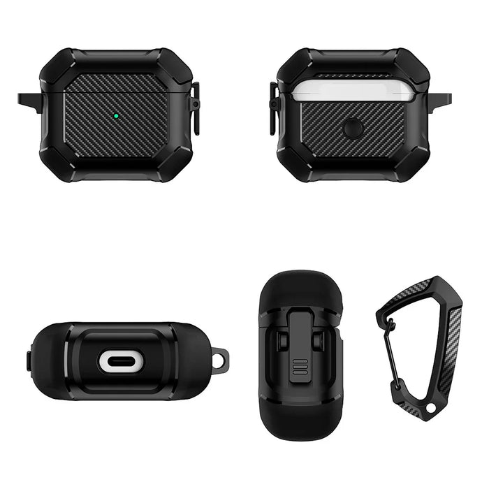 For AirPods 3 Earphone Protective Cover TPU+PC Carbon Fiber Texture Shockproof Case with Carabiner - Black - 6