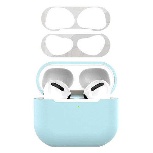 For Apple AirPods 3 Earphone Case Silicone Shock-Absorbing Earbuds Cover with Metal Dustproof Sticker Kit - Sky Blue+Silver - 1