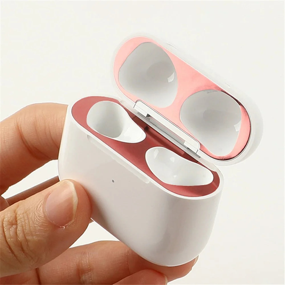 For Apple AirPods 3 Earphone Case Silicone Shock-Absorbing Earbuds Cover with Metal Dustproof Sticker Kit - Sky Blue+Silver - 3