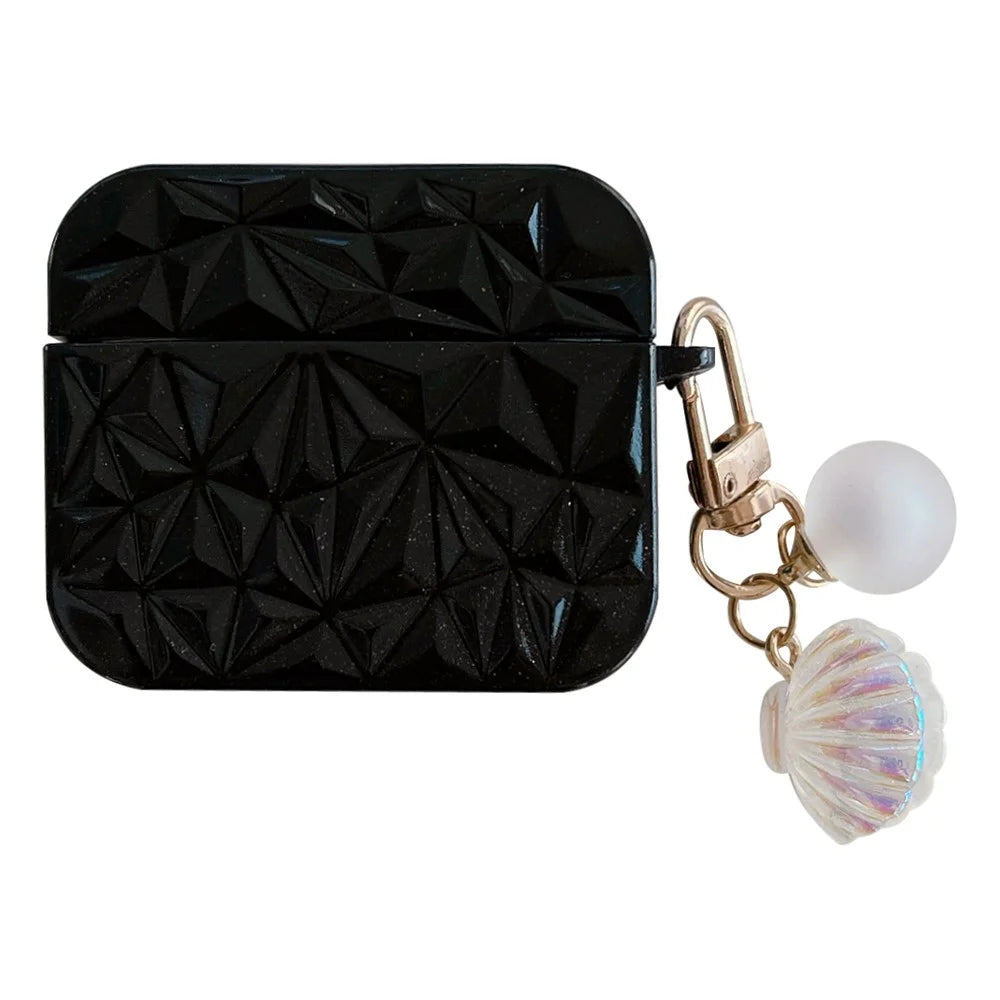 For Apple AirPods Pro Bluetooth-compatible Earphone TPU Case Diamond Texture Anti-drop Cover with Shell Pendant - Black - 1