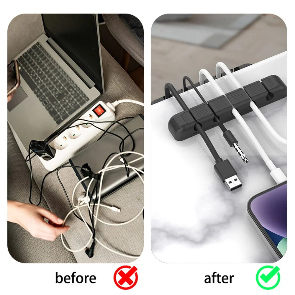 AHASTYLE PT125 5 Slots Cable Organizer Silicone Charger Cord Winder Desktop Management Clip - Black - 3