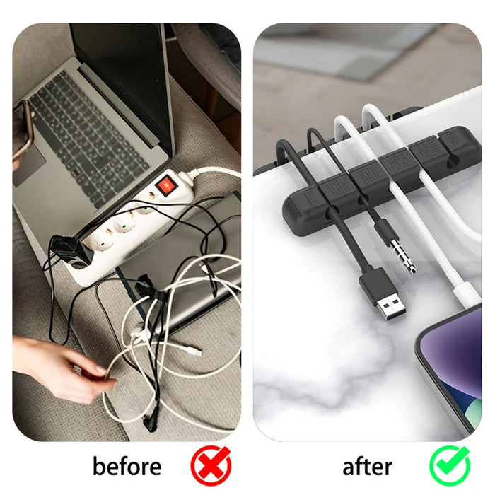 AHASTYLE PT125 5 Slots Cable Organizer Silicone Charger Cord Winder Desktop Management Clip - Black - 3
