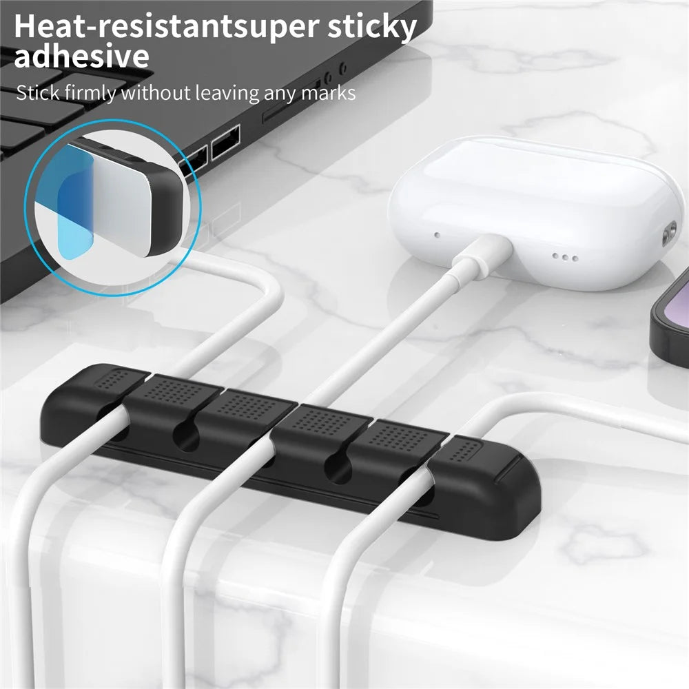 AHASTYLE PT125 5 Slots Cable Organizer Silicone Charger Cord Winder Desktop Management Clip - Black - 4