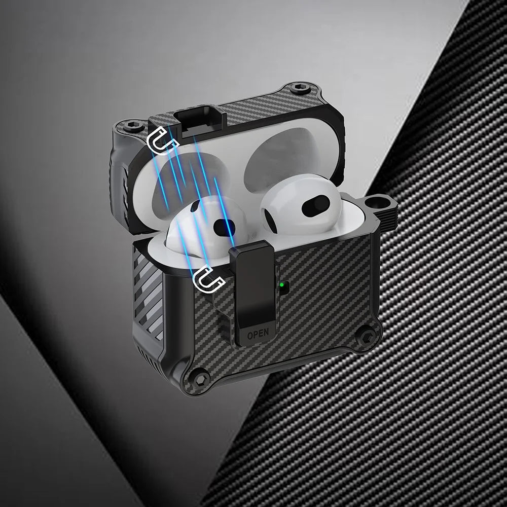 For Apple AirPods 3 Earphone Case Carbon Fiber Texture Magnetic Auto Lock Earbud TPU Cover - Black - 5