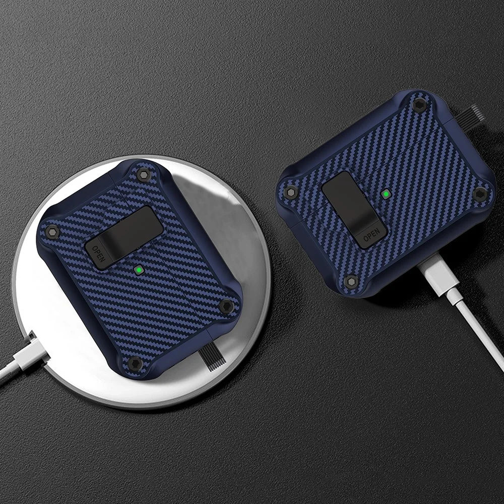 For Apple AirPods Pro 2 Carbon Fiber Texture Earphone Case Earbud TPU Cover with Magnetic Auto Lock - Sapphire - 4