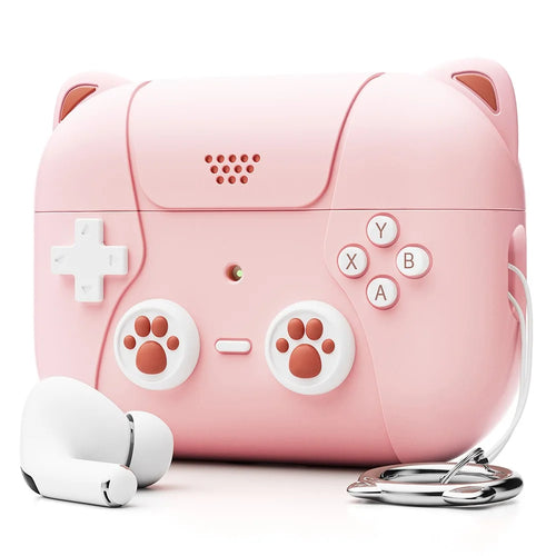For Apple AirPods Pro / AirPods Pro 2 Silicone Case Cat Game Console Design Earphone Cover with Lanyard - Light Pink - 1
