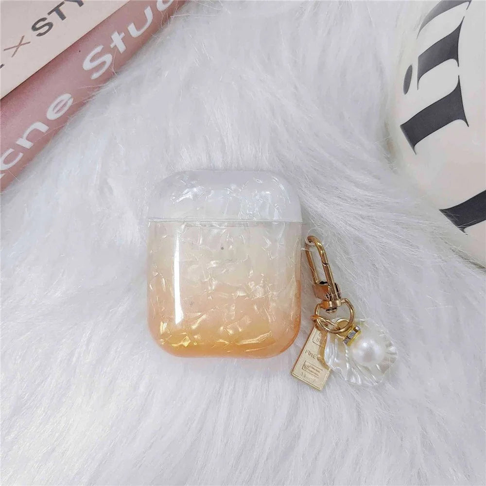 Earphone Case for Apple AirPods with Charging Case (2016) / (2019) / AirPods with Wireless Charging Case (2019) , Gradient Shell Grain TPU Cover with Pendant - Orange - 2