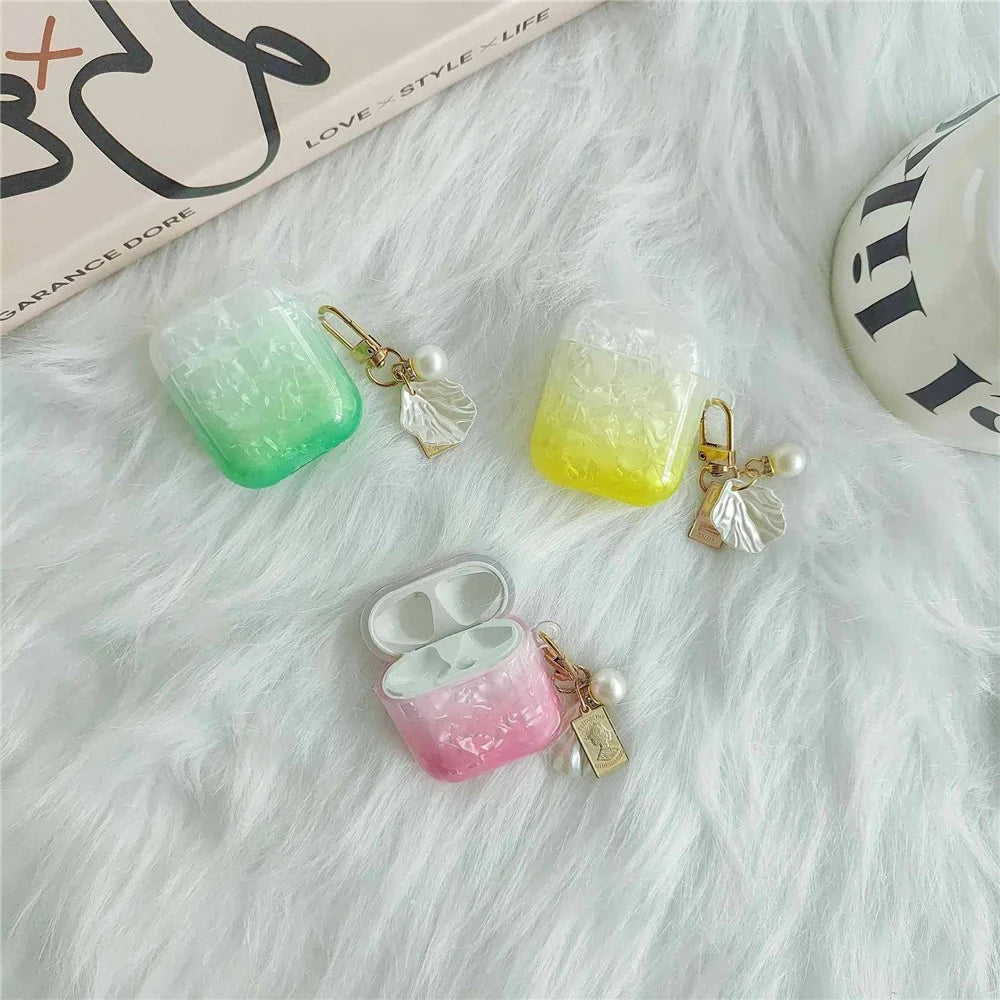Earphone Case for Apple AirPods with Charging Case (2016) / (2019) / AirPods with Wireless Charging Case (2019) , Gradient Shell Grain TPU Cover with Pendant - Orange - 3