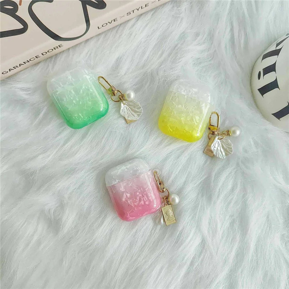 Earphone Case for Apple AirPods with Charging Case (2016) / (2019) / AirPods with Wireless Charging Case (2019) , Gradient Shell Grain TPU Cover with Pendant - Orange - 6