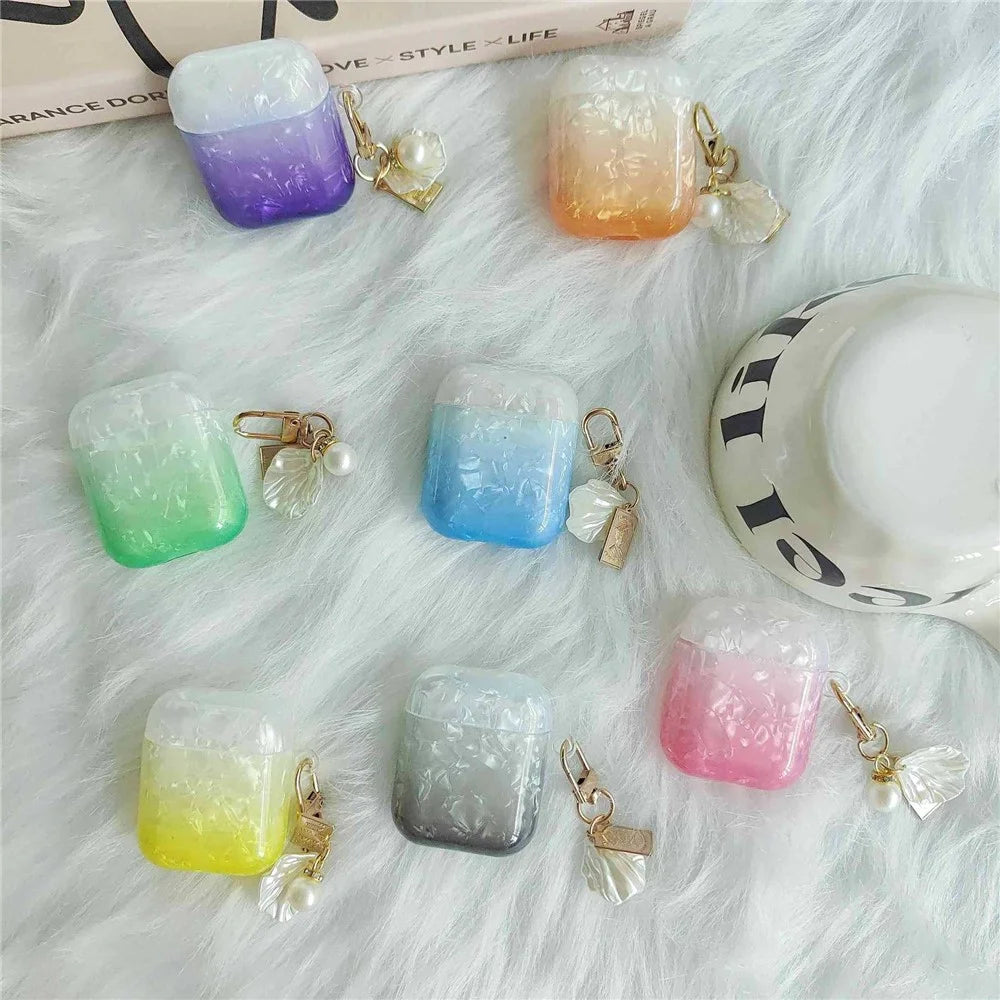 Earphone Case for Apple AirPods with Charging Case (2016) / (2019) / AirPods with Wireless Charging Case (2019) , Gradient Shell Grain TPU Cover with Pendant - Orange - 7