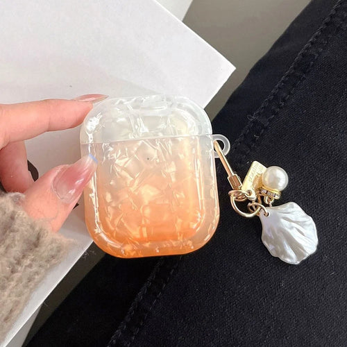 TPU Cover for Apple AirPods with Charging Case (2016) / (2019) / AirPods with Wireless Charging Case (2019) , Gradient Shell Grain Square Earphone Case with Pendant - Orange - 1