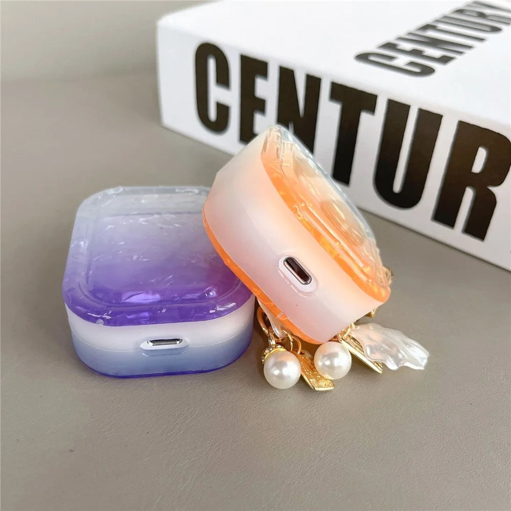 TPU Cover for Apple AirPods with Charging Case (2016) / (2019) / AirPods with Wireless Charging Case (2019) , Gradient Shell Grain Square Earphone Case with Pendant - Orange - 2