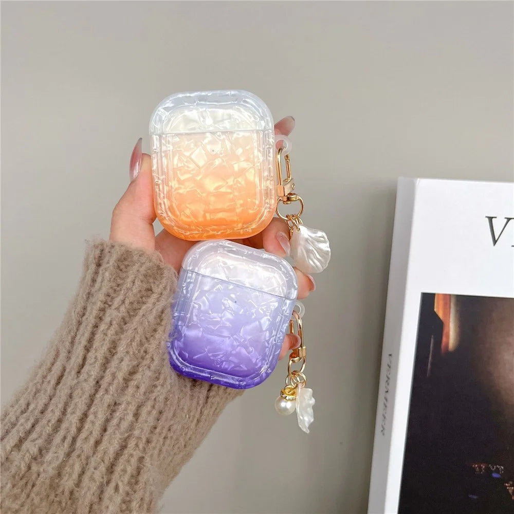 TPU Cover for Apple AirPods with Charging Case (2016) / (2019) / AirPods with Wireless Charging Case (2019) , Gradient Shell Grain Square Earphone Case with Pendant - Orange - 3