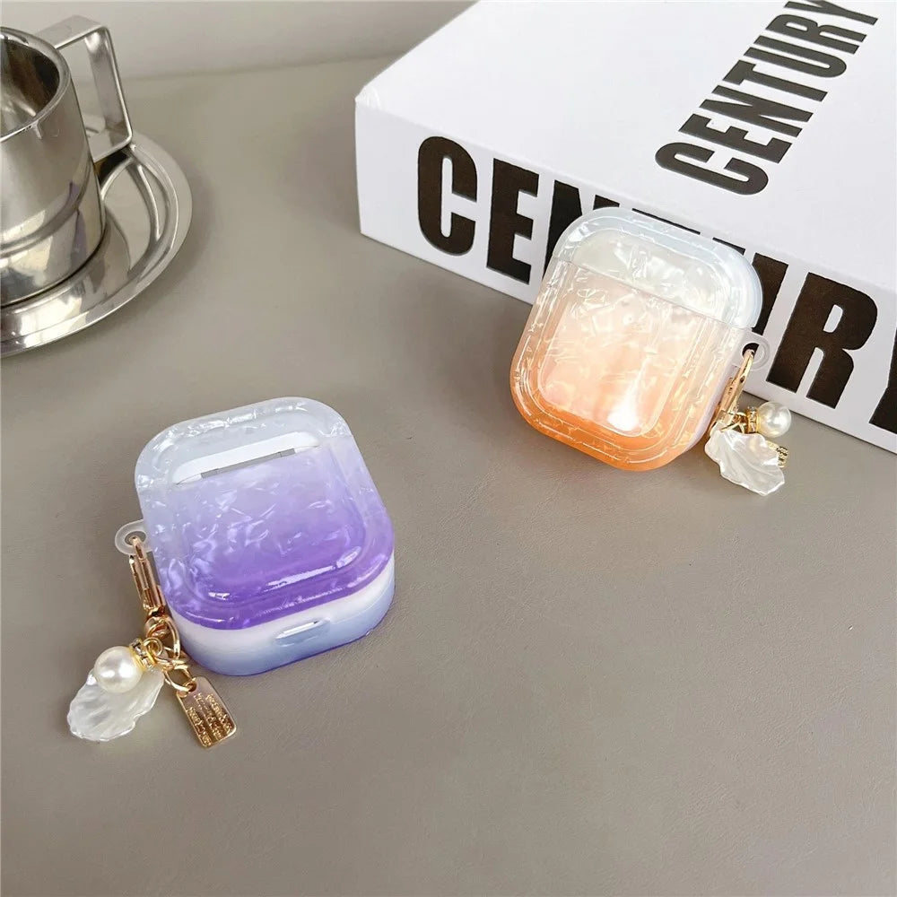 TPU Cover for Apple AirPods with Charging Case (2016) / (2019) / AirPods with Wireless Charging Case (2019) , Gradient Shell Grain Square Earphone Case with Pendant - Orange - 4