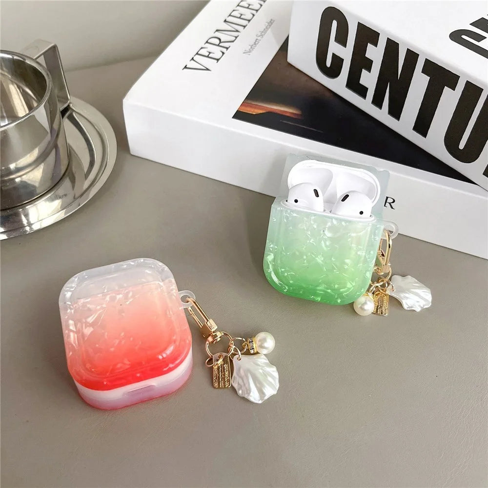 TPU Cover for Apple AirPods with Charging Case (2016) / (2019) / AirPods with Wireless Charging Case (2019) , Gradient Shell Grain Square Earphone Case with Pendant - Orange - 5