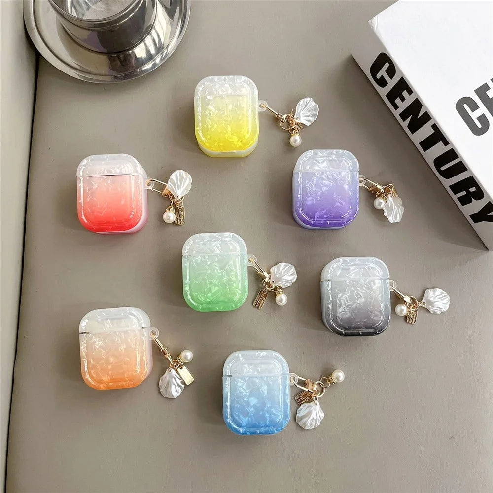 TPU Cover for Apple AirPods with Charging Case (2016) / (2019) / AirPods with Wireless Charging Case (2019) , Gradient Shell Grain Square Earphone Case with Pendant - Orange - 7