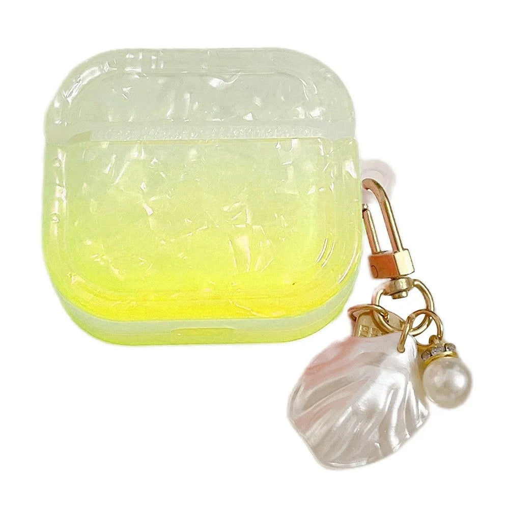 For Apple AirPods 3 Full Protective Cover Gradient Shell Grain Earphone Square TPU Case with Shell Shape Pendant - Yellow - 1