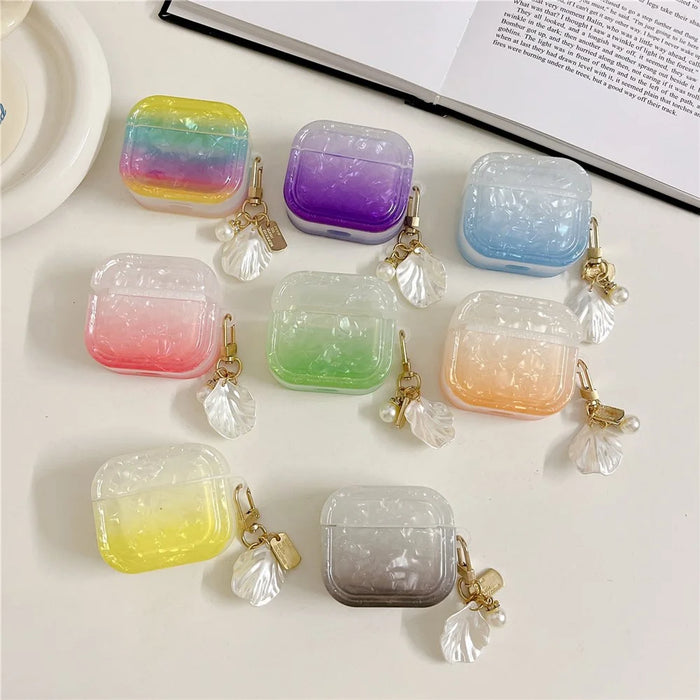 For Apple AirPods 3 Full Protective Cover Gradient Shell Grain Earphone Square TPU Case with Shell Shape Pendant - Yellow - 5