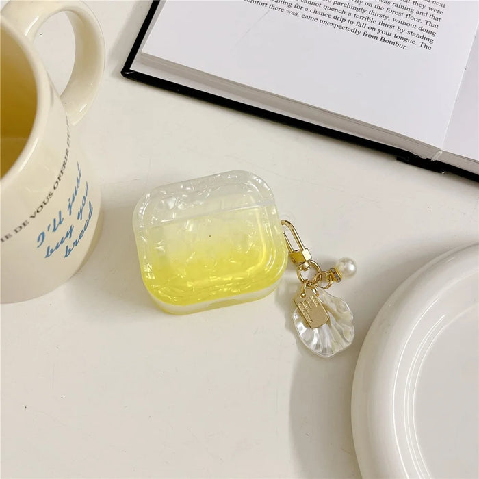 For AirPods Pro 2 Gradient Shell Grain Earphone Case Soft TPU Anti-Fall Square Cover with Shell Shape Pendant - Yellow - 2