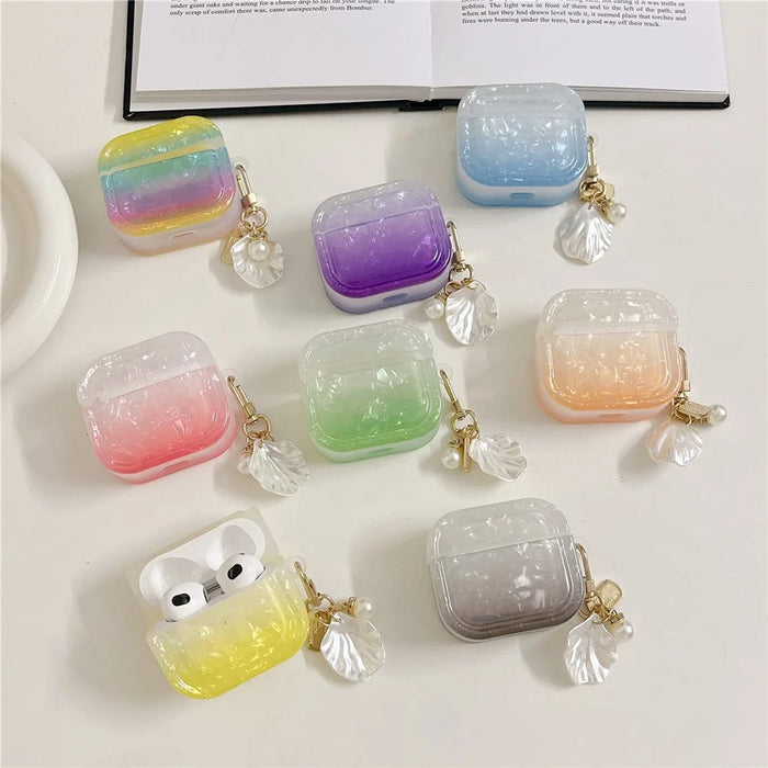 For AirPods Pro 2 Gradient Shell Grain Earphone Case Soft TPU Anti-Fall Square Cover with Shell Shape Pendant - Yellow - 6
