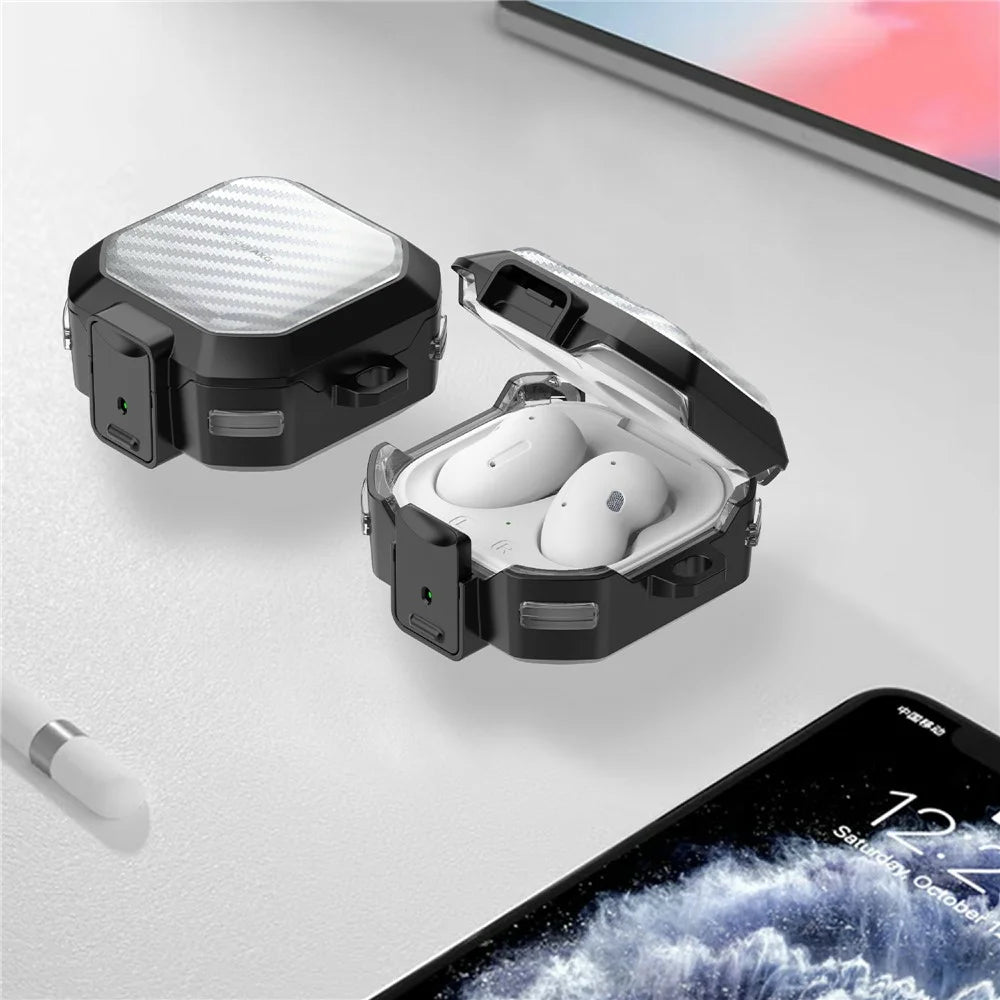 Earphone Case for Samsung Galaxy Buds Live / Buds2 / Buds Pro / Buds2 Pro , Carbon Fiber PC+TPU Earbud Cover with Lock - Transparent Black - 7