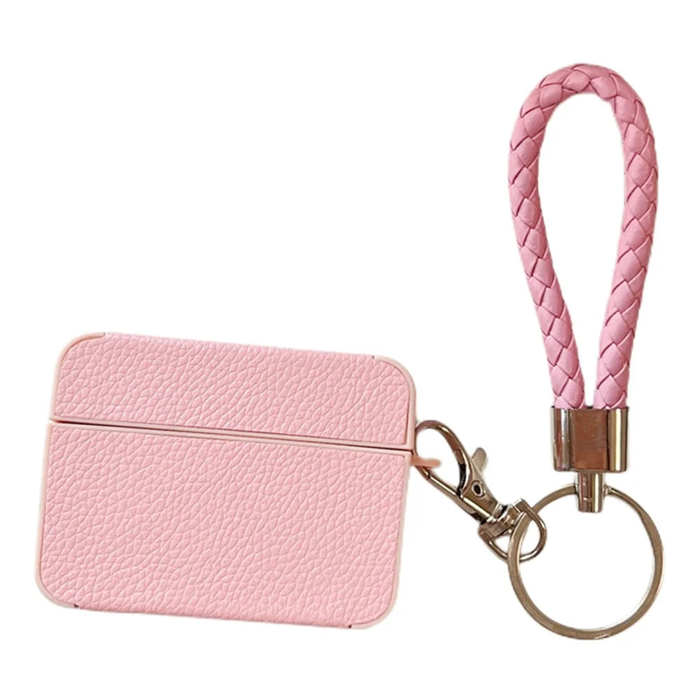 For Apple AirPods Pro Charging Case Cover Litchi Texture PU+TPU Protective Headset Case with Strap - Pink - 1