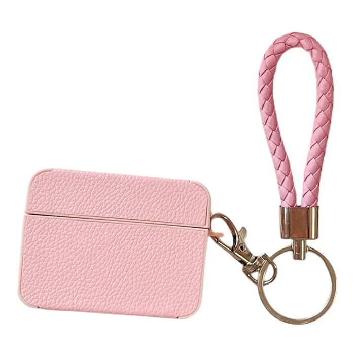 For Apple AirPods Pro Charging Case Cover Litchi Texture PU+TPU Protective Headset Case with Strap - Pink - 1
